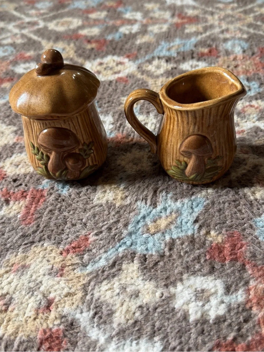Vintage Woodland Mushroom Cream & Sugar Set | Ceramic Sugar Bowl w/Lid & Creamer